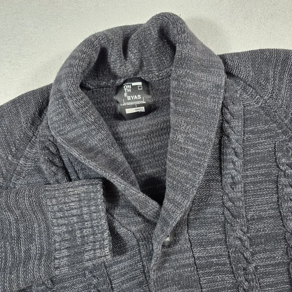 On The Byas Mens Small Gray Cardigan Sweater Shawl Collar Cable Knit Button